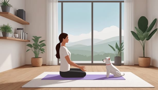 Woman practices yoga, dog nearby, home setting. Cartoon style, lifestyle depiction, interior scene. Meditation and sport emphasized