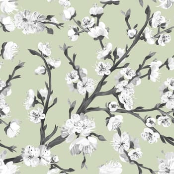 Sakura branches in a Seamless Asian oriental realistic pattern drawn for textile