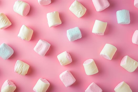 A collection of marshmallows scattered on a soft pink background, creating a visually appealing and colorful display.
