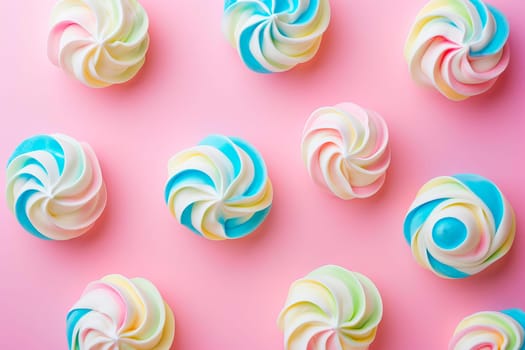 A detailed view of numerous cupcakes arranged closely together on a vibrant pink background, showcasing colorful frosting and decorative toppings.