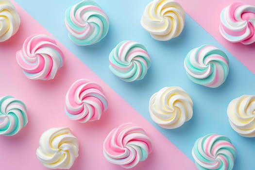 A detailed view of various colored candies placed on a pastel pink and blue background, creating a vibrant and eye-catching display.