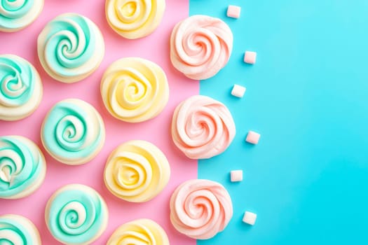 A photo featuring a variety of vibrant cupcakes topped with marshmallows, set against a pastel blue and pink background.