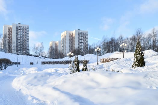 Winter cityscape in park in Moscow, Russia