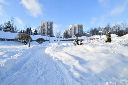 Winter cityscape in park in Moscow, Russia