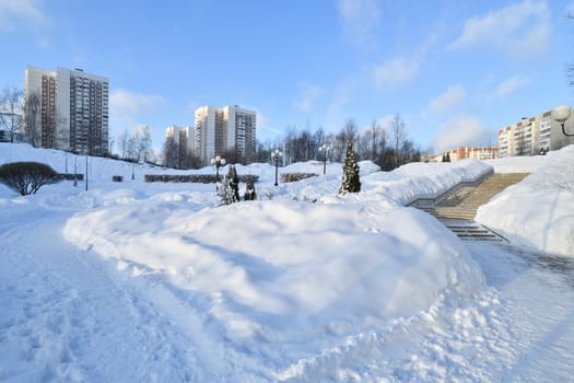 Winter cityscape in park in Moscow, Russia