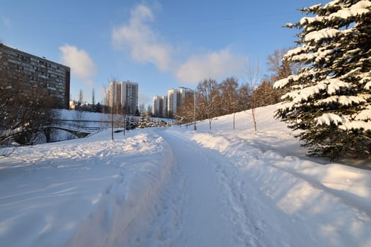 Winter cityscape in park in Moscow, Russia