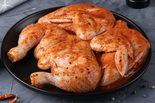 Ready to roast raw Chicken Tabaka set, on gray stone table background.