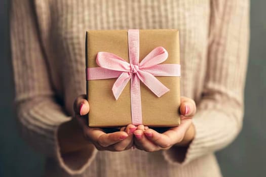 A woman is holding a wrapped present in her hands, preparing to give or receive it. The focus is on the gift and the womans hands.