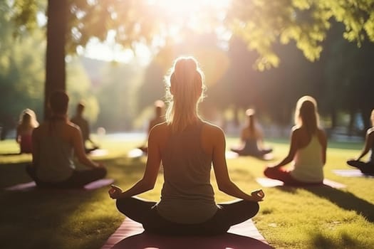 Group of people participating in a peaceful yoga session in a sunlit park at sunset.