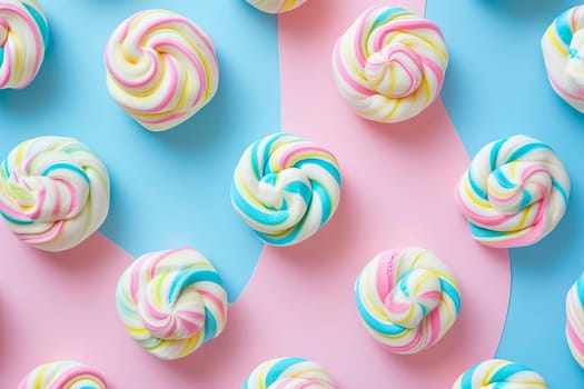 A vibrant pink and blue background with whimsical colorful swirls creating a playful and dynamic visual texture.
