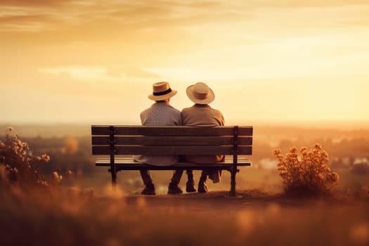 An intimate moment of an elderly couple enjoying a serene sunset together, sitting on a park bench, symbolizing lasting love and companionship.