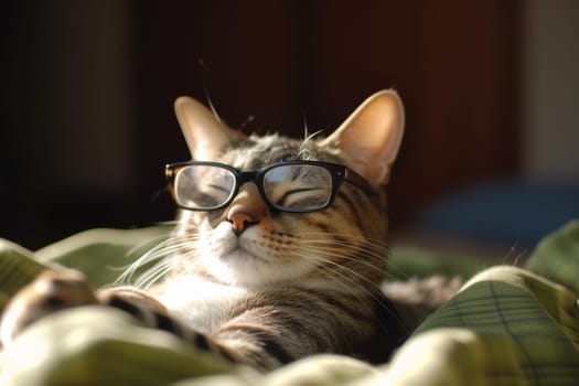 A cat with glasses laying comfortably on a bed, looking chic and relaxed.