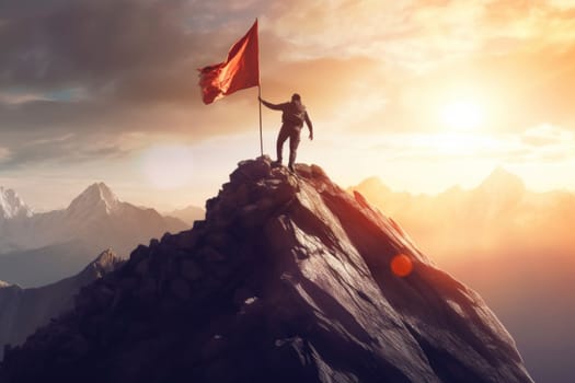A climber reaches a mountain peak, planting a red flag, symbolizing achievement and adventure against a stunning sunrise.