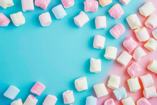 Colorful marshmallows arranged on a pastel blue and pink background.