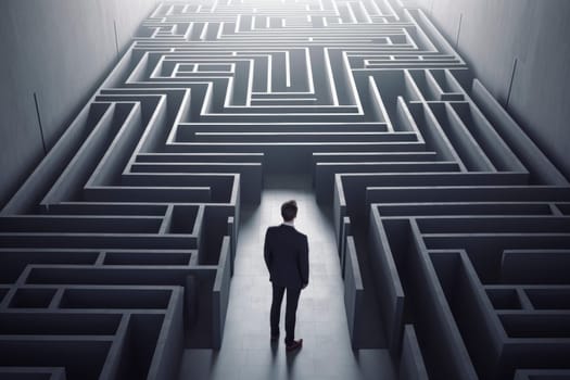 A man in a suit stands at the entrance of a large, complex maze, symbolizing decision-making and strategy.