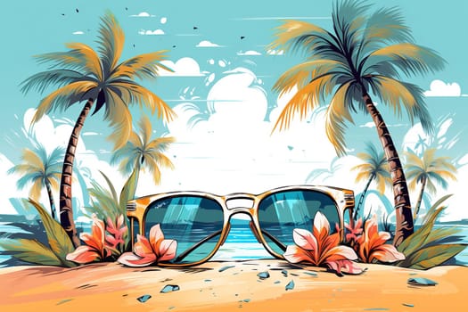 Sunglasses on the sand with flowers against a background of blue water and palm leaves. Resort vacation concept.
