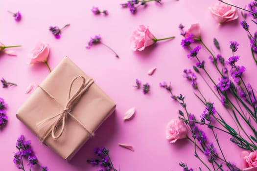 A wrapped gift box sits amidst a collection of colorful flowers on a soft pink background. The scene evokes a sense of celebration and joy.