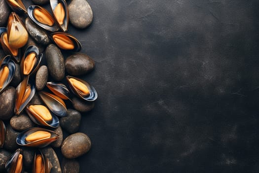 Mussels surrounded by smooth stones against a dark textured background.
