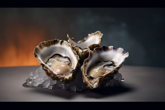 Fresh oysters on crushed ice with a warm backdrop.