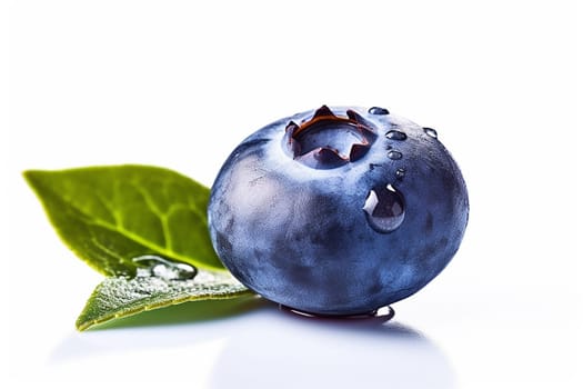 Close-up of a fresh, dew-covered blueberry with vibrant green leaf.