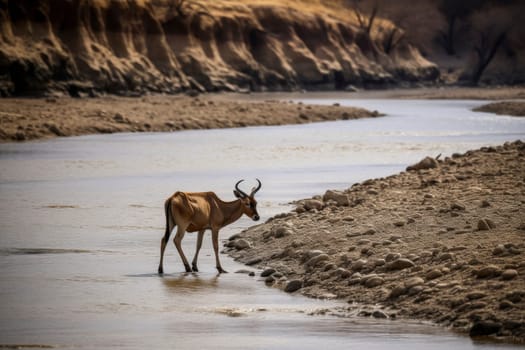 A solitary antelope quenching its thirst at a serene riverbank, amidst a tranquil natural landscape.