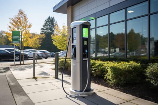 Electric car charging station. Preserving a clean environment. Switching to electric energy.