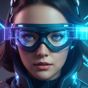 Future woman with cyber technology eye panel concept.