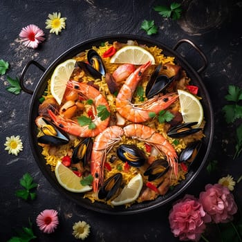 A vibrant seafood paella in a pan surrounded by flowers.