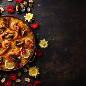 A traditional seafood paella with shrimp, mussels and lemon wedges on a rustic table, garnished with various flowers.