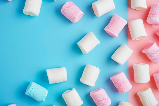 Marshmallows arranged on a pastel blue and pink background, creating a visually pleasing composition.