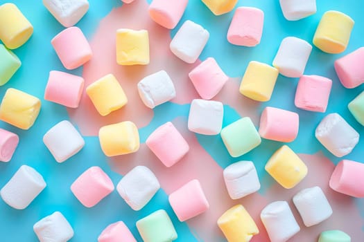 A collection of fluffy marshmallows arranged on a vibrant blue and pink background.