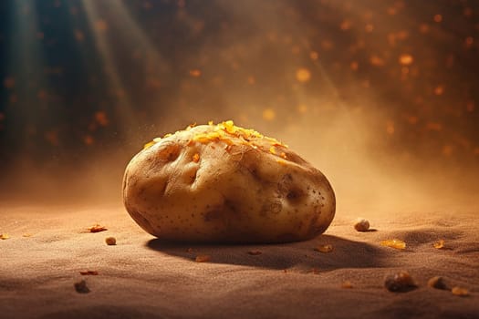Golden baked potato sprinkled with cheese on a brown surface.