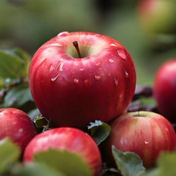 An eye-catching red apple in the foreground.