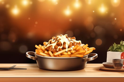 Steaming poutine with cheese curds and gravy in a bowl.