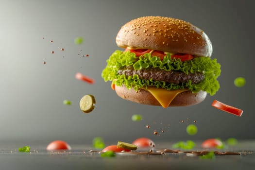 A large hamburger with lettuce is seen flying through the air in this high-speed action shot.
