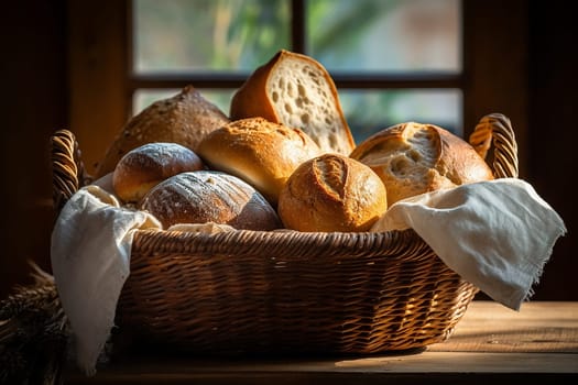 An assortment of fresh bread in a wicker basket, backlit by warm sunlight.