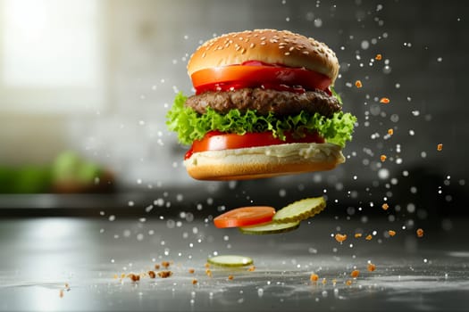 A massive hamburger with fresh lettuce and juicy tomatoes is seen soaring through the air in this action-packed image.