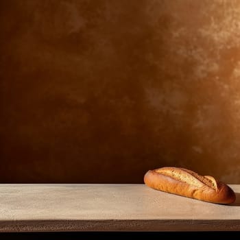 A freshly baked loaf of bread on a table with warm, ambient lighting.
