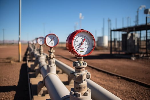 Pipeline with pressure gauges in an oil field in a desert area.
