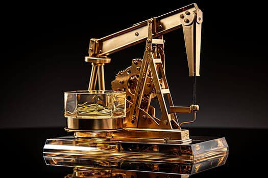 Gold model of an oil pump on a black mirror background.