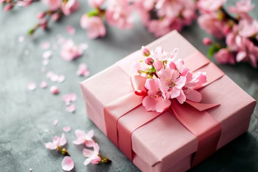 A pink gift box adorned with a pink flower, perfect for special occasions like Valentines Day or Mothers Day.