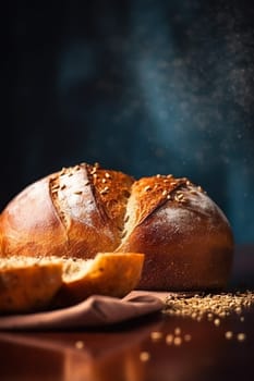 Freshly baked bread with sesame seeds on top, sliced piece on side.