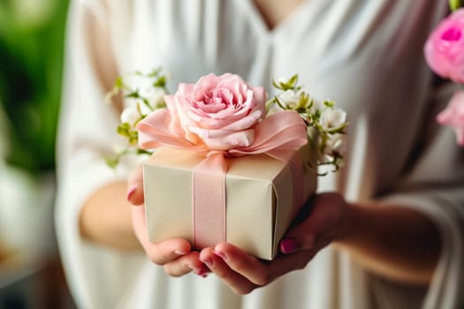 A woman is holding a gift box with a pink rose on top. The womans hand is visible in the image, gently grasping the box.