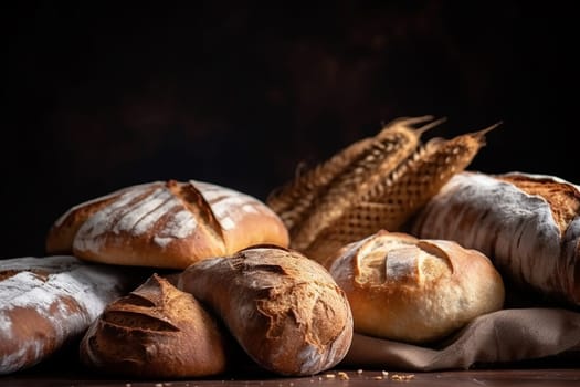 Freshly baked bread loaves with wheat sheaves on a dark background