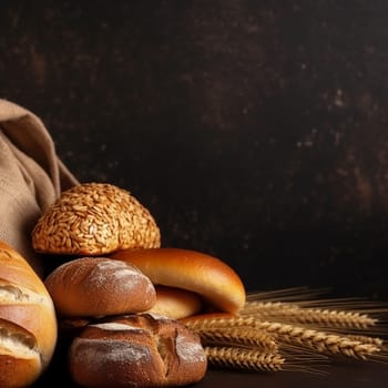 Various freshly baked breads with wheat