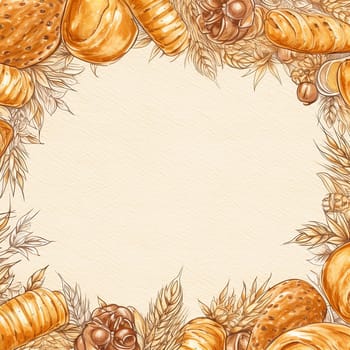 Illustration of various bread types and wheat forming a frame.