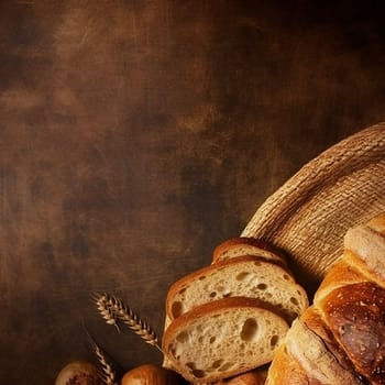 Assorted freshly baked bread types with wheat on a table.