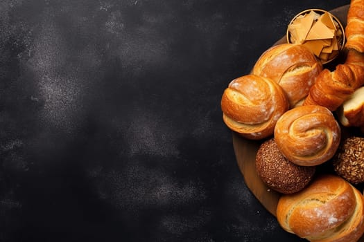 Assorted freshly baked breads on a dark background.