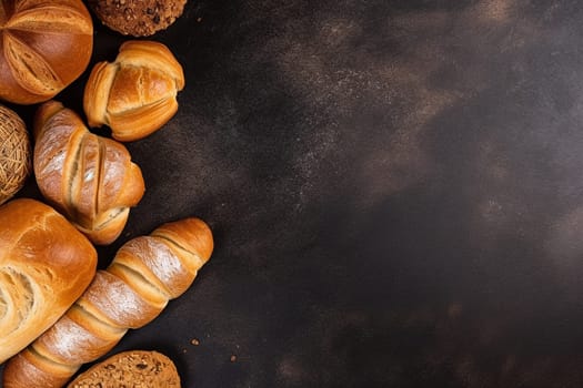 Assortment of fresh baked bread on a dark background.