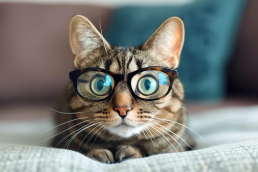 A detailed close up shot of a cat wearing glasses, showcasing the felines unique and adorable appearance.